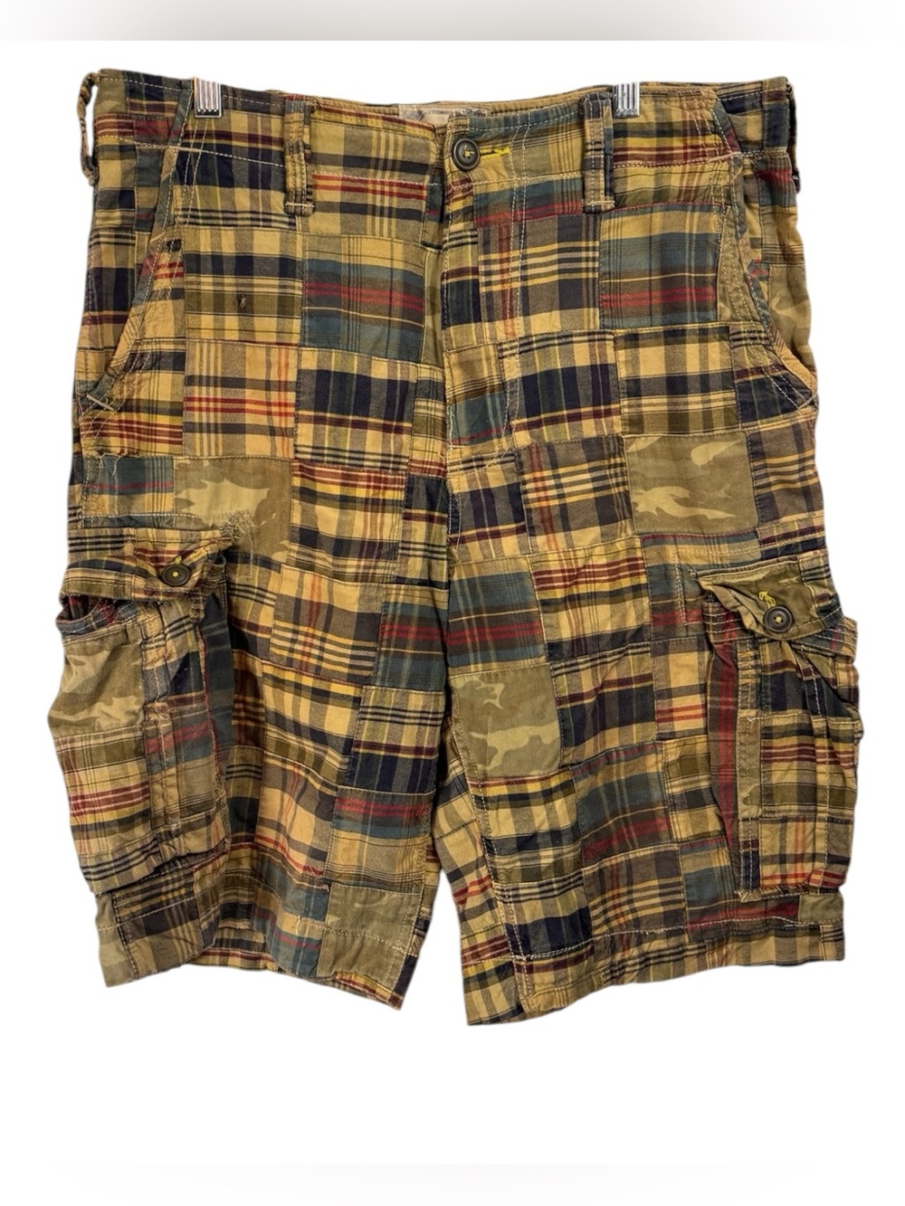 Vintage Y2K American Eagle Shorts sz 32 Cargo Camo Plaid Patchwork Longer Length